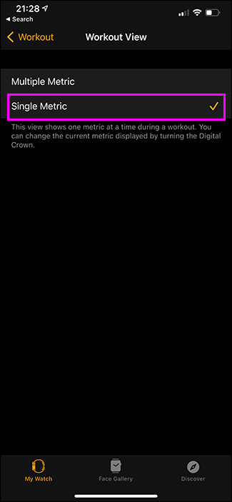 выбор режима Single Metric в приложении Watch на iPhone