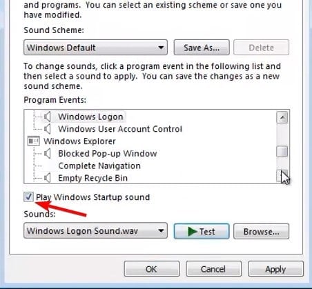 параметр воспроизведения звука запуска Windows