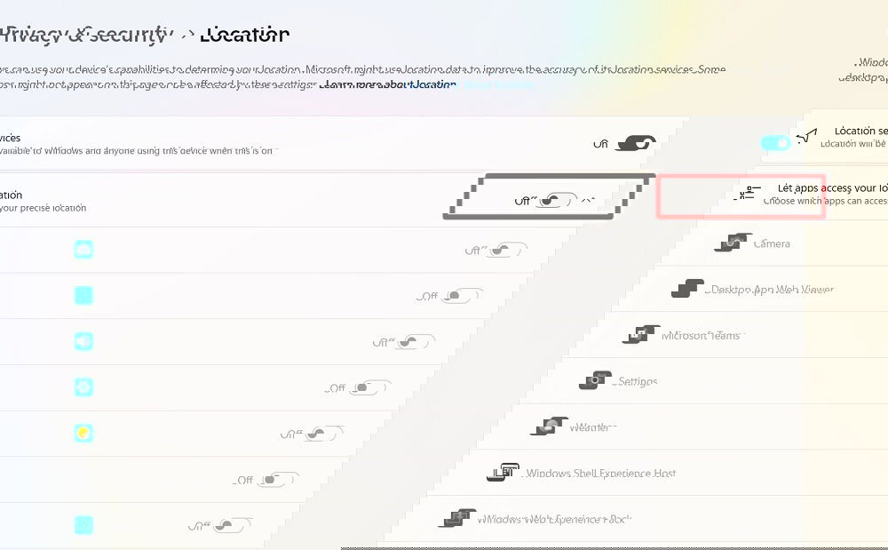 Службы определения местоположения включены, разрешён доступ приложениям.