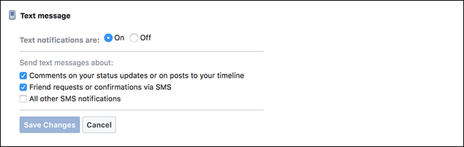 Настройки текстовых уведомлений Facebook