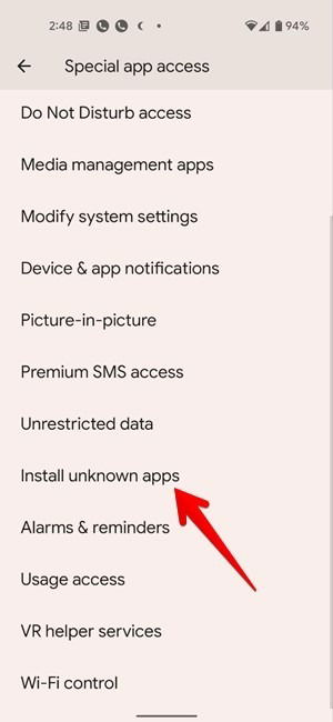 Schermata: voce Installa app sconosciute nell'elenco app
