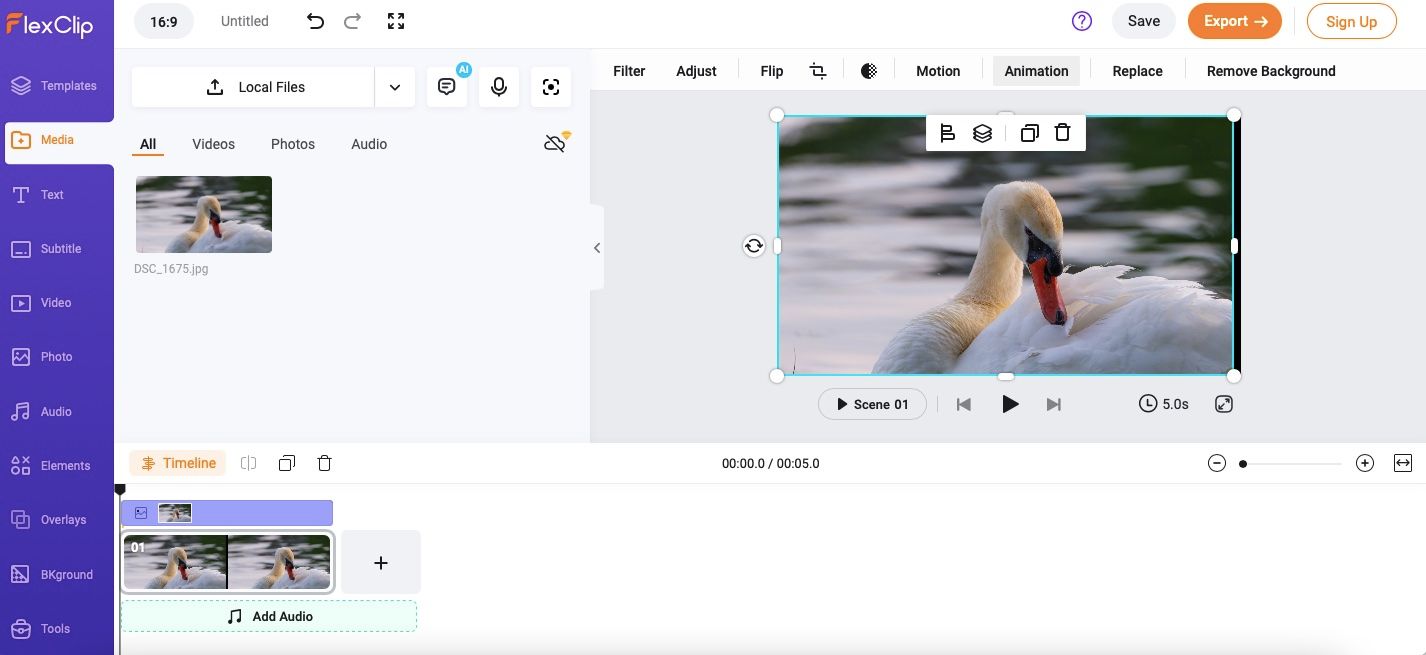 Анимация в FlexClip: интерфейс добавления фото