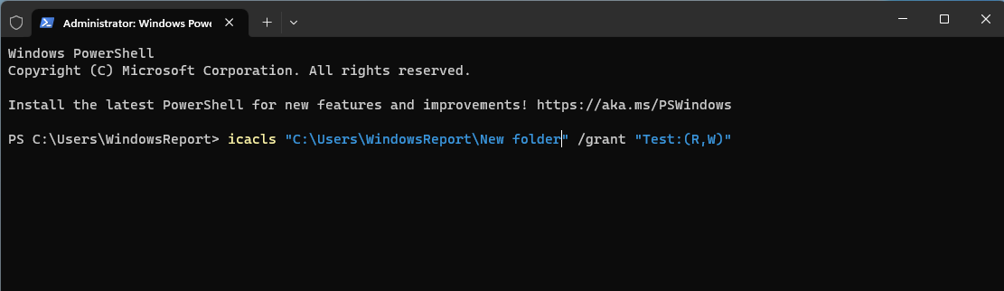 Командное окно icacls, выполняющее операцию назначения прав
