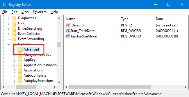 Путь в реестре к ключу Advanced в Windows