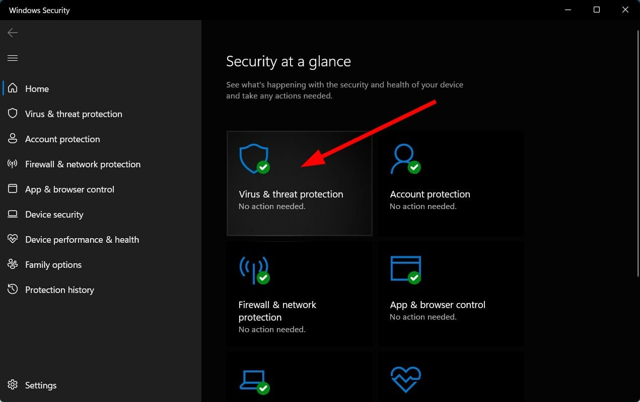Раздел «Вирусы и угрозы» в Защите Windows