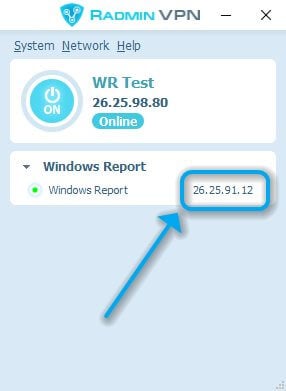 IP хоста в списке Radmin VPN