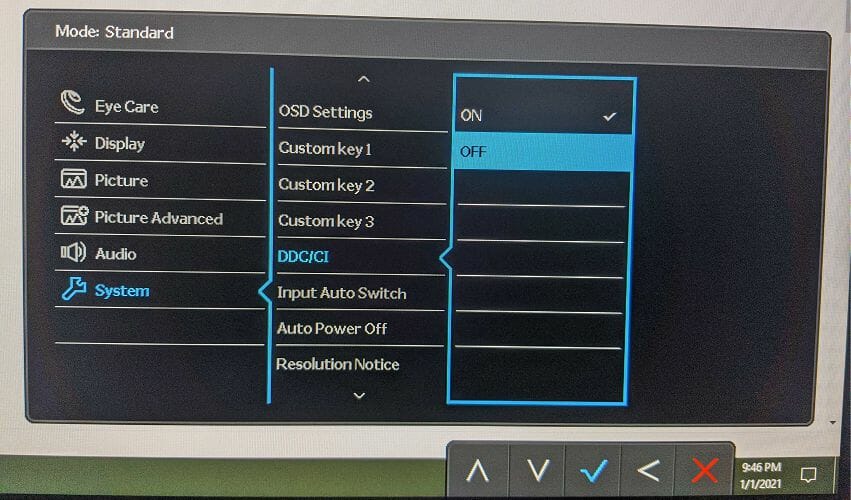 Открытое меню монитора с опцией DDC/CI — выключить