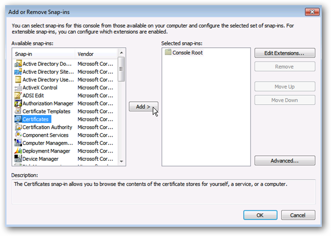 Выбор Certificates