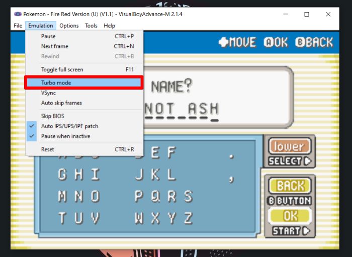 Переключатель Turbo Mode в VisualBoyAdvance‑M
