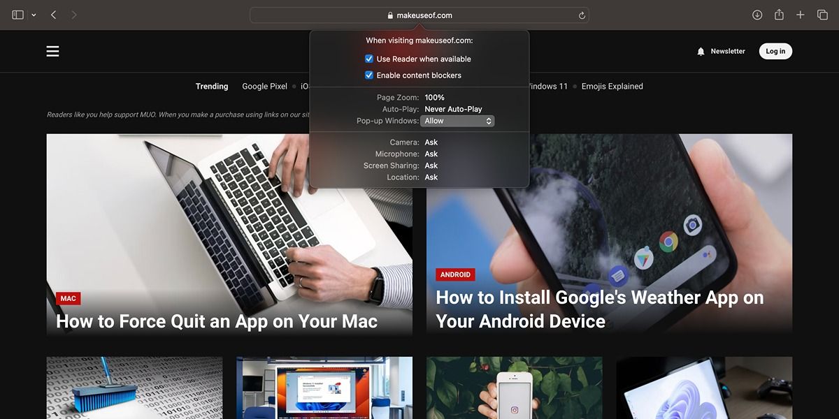 временное отключение блокировщика всплывающих окон в Safari