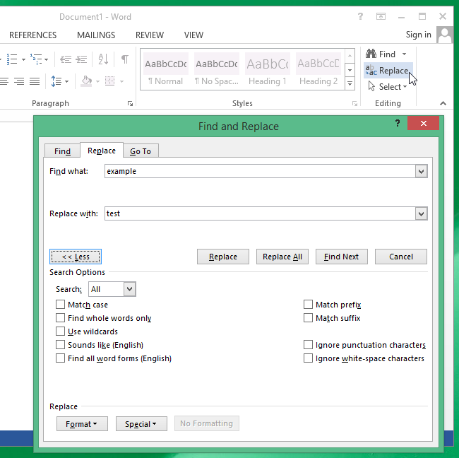 Диалог поиска и замены в Microsoft Word