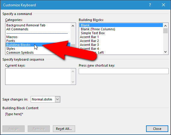 Выберите нужный строительный блок AutoText