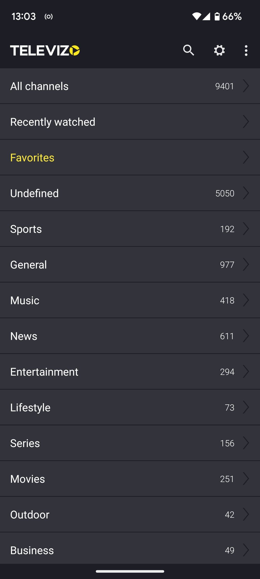 Список каналов Televizo в приложении