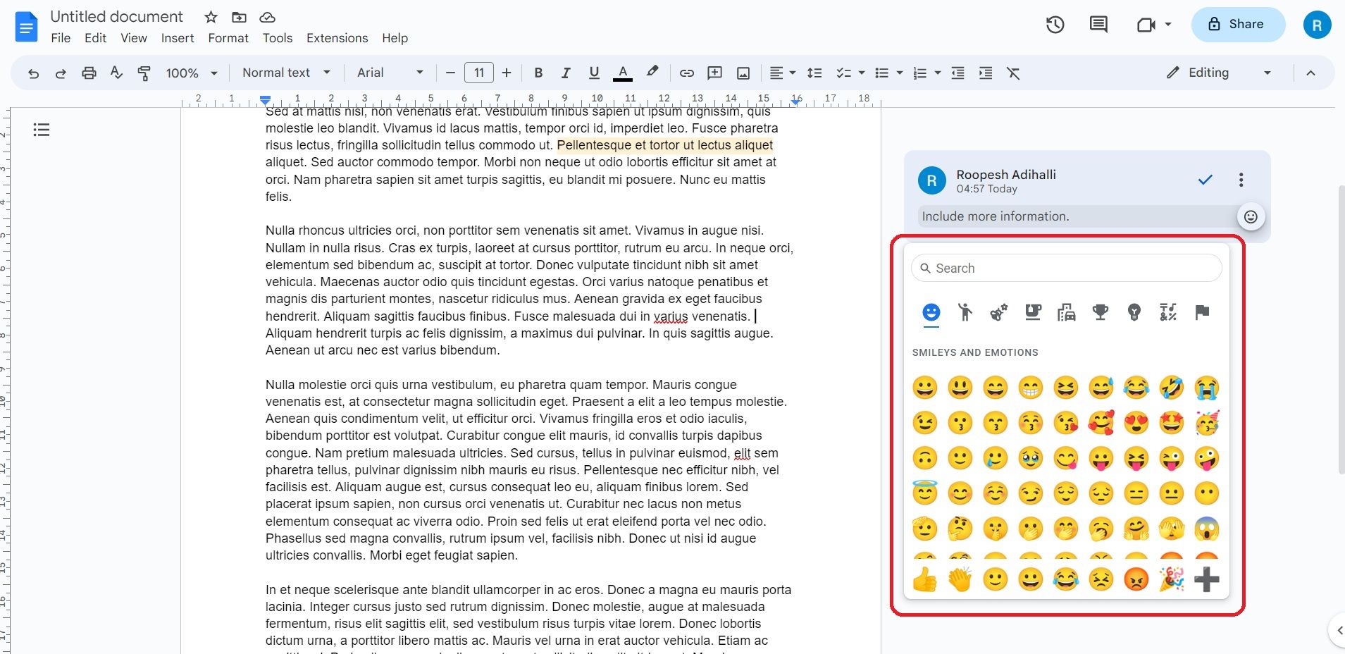 Окно выбора эмодзи с поиском в Google Docs