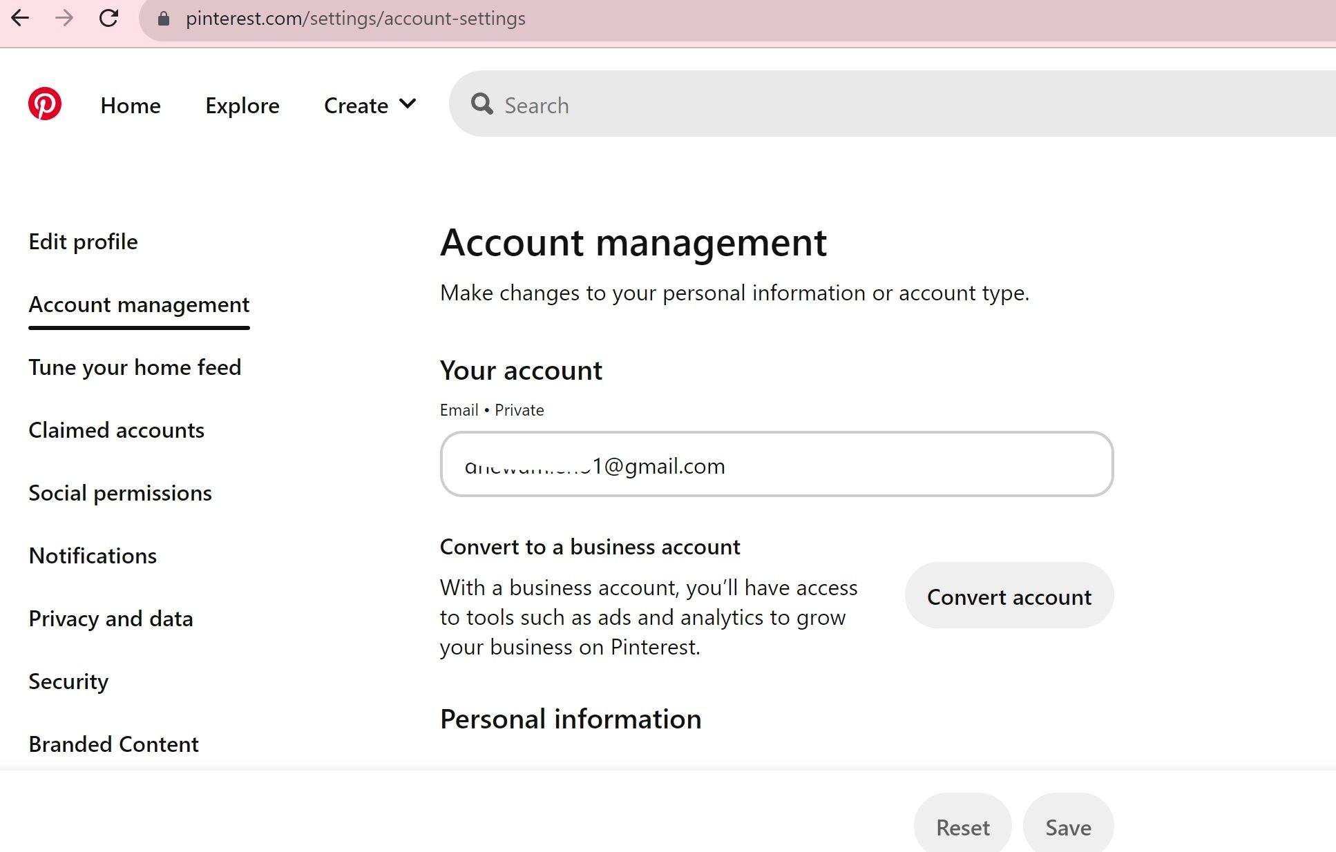 Меню преобразования в бизнес-аккаунт