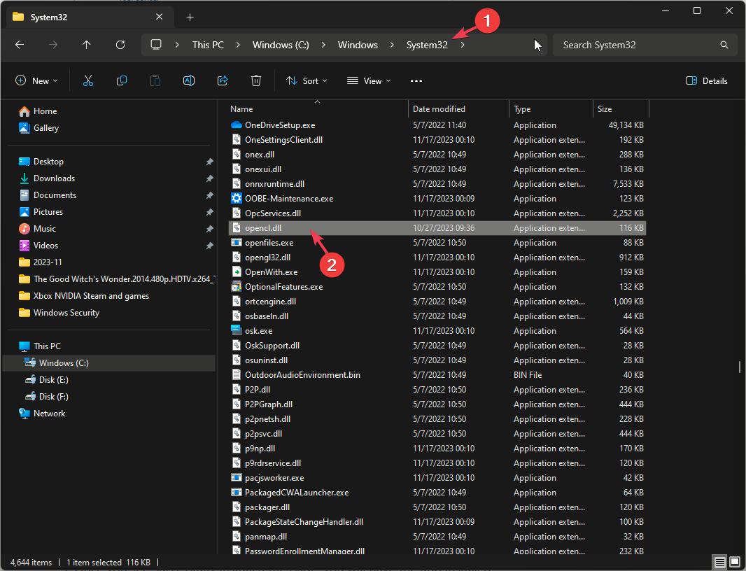 Поиск файла OpenCL.dll в папке System32 через Проводник