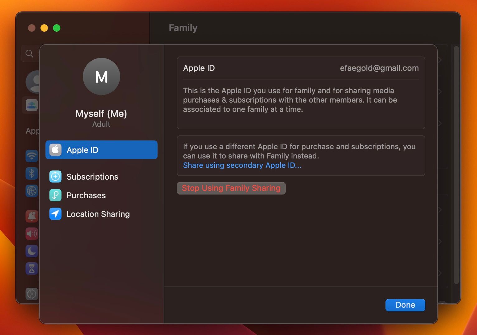 Окно профиля Family Sharing в macOS Ventura