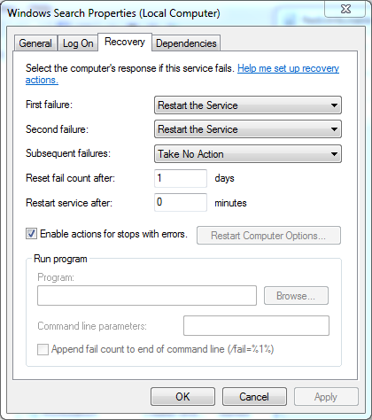 Свойства службы Windows Search