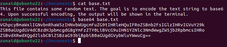 Терминал Linux, показывающий процесс кодирования файла в base64