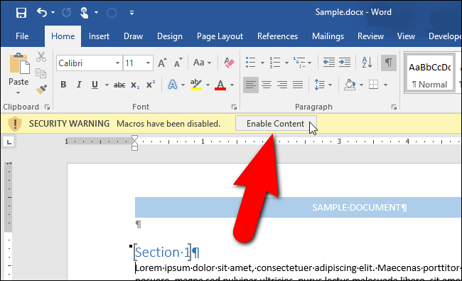 Жёлтая панель с предупреждением безопасности и кнопкой Включить содержимое