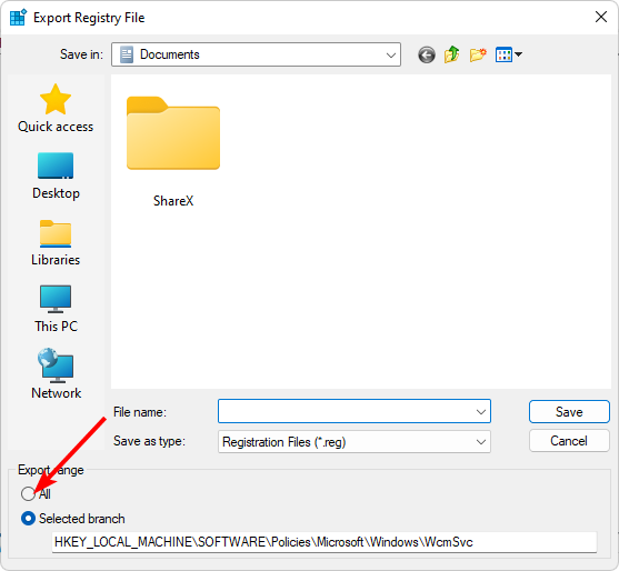 Выбор диапазона экспорта 'Все' при сохранении реестра