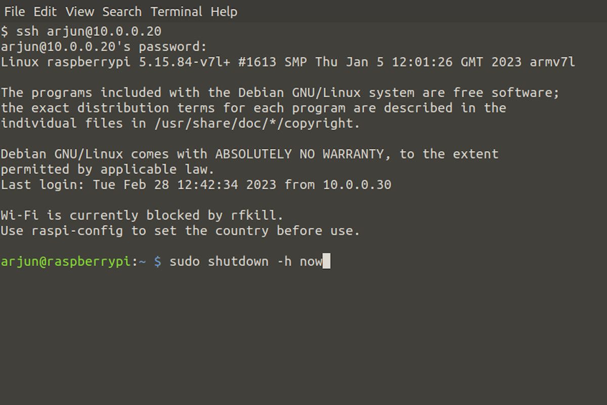 Ввод команды shutdown в терминале Raspberry Pi