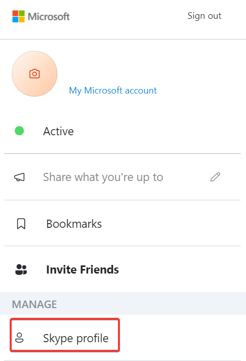 Меню управления профилем Skype