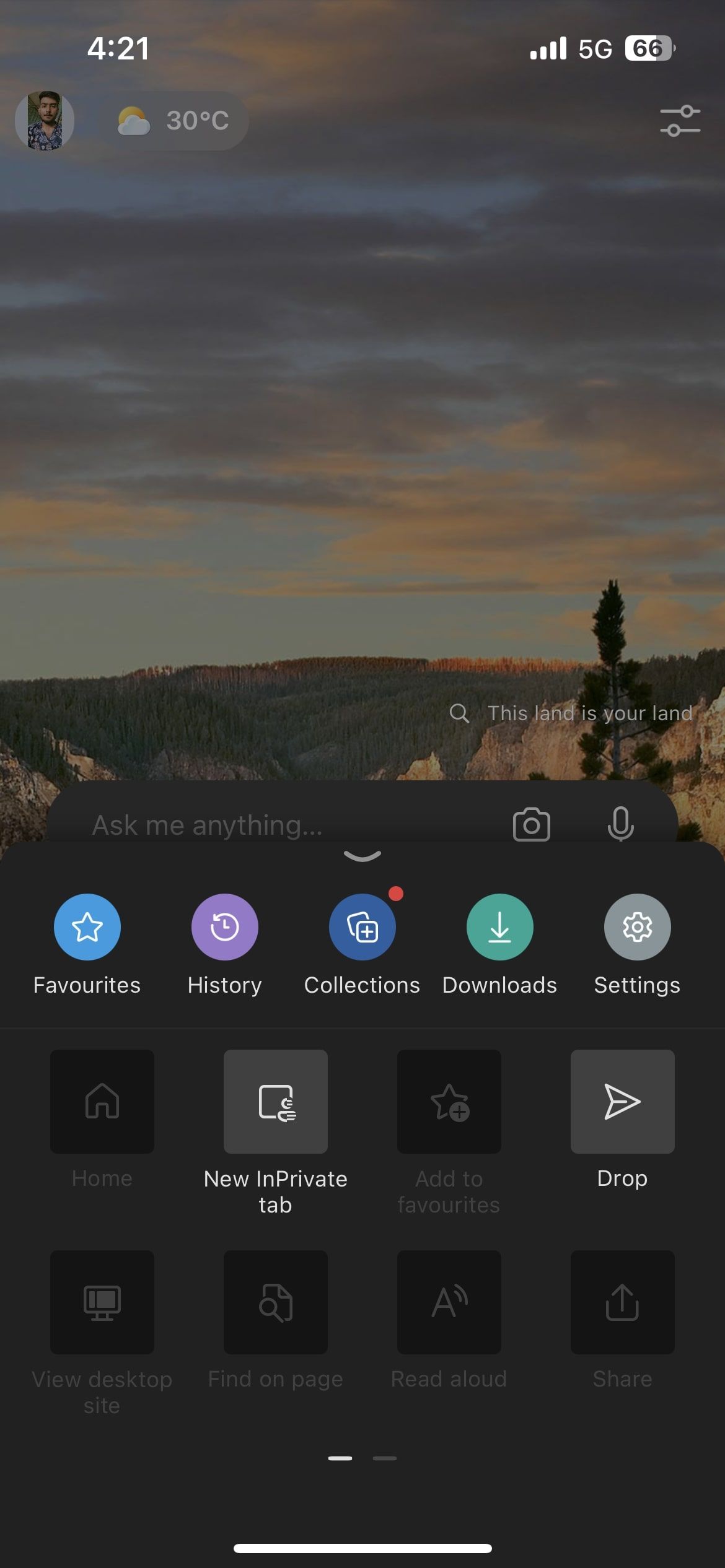 Параметр Настройки в Edge
