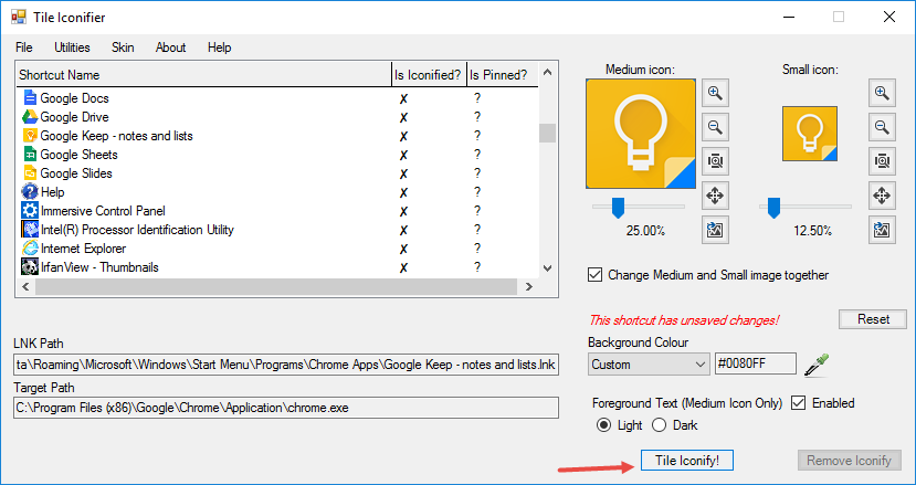Кнопка сохранения изменений значка плитки в TileIconifier