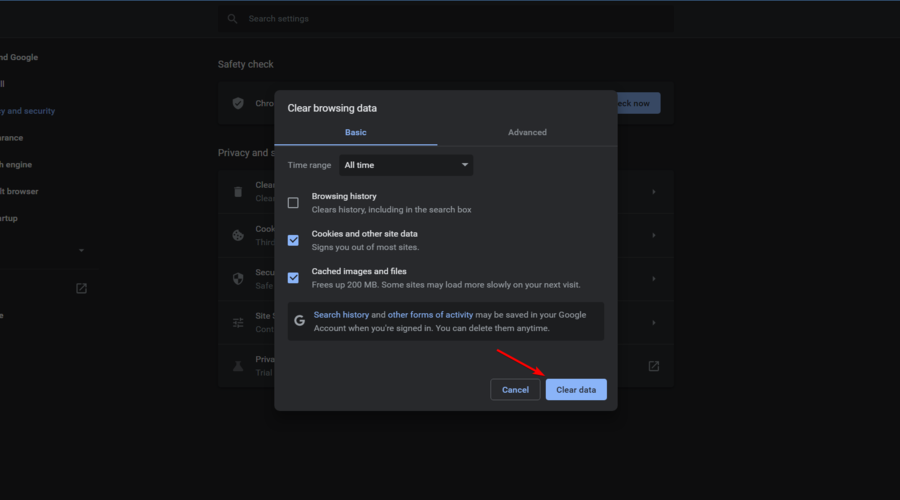 кнопка Очистить данные