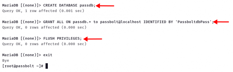 Создание базы данных passdb в MariaDB (вывод команд)