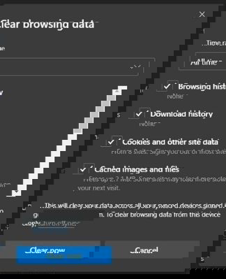 Menu Scegli cosa cancellare in Microsoft Edge con intervallo temporale