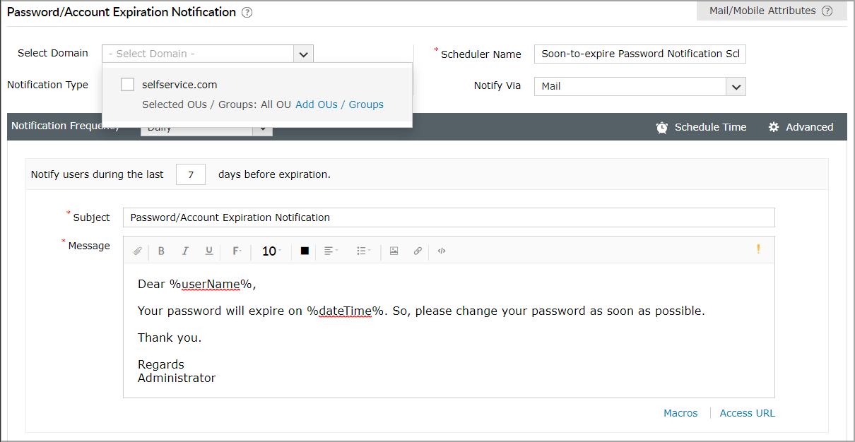 Настройка доменов и групп в ADSelfService Plus для уведомлений о сроке действия пароля