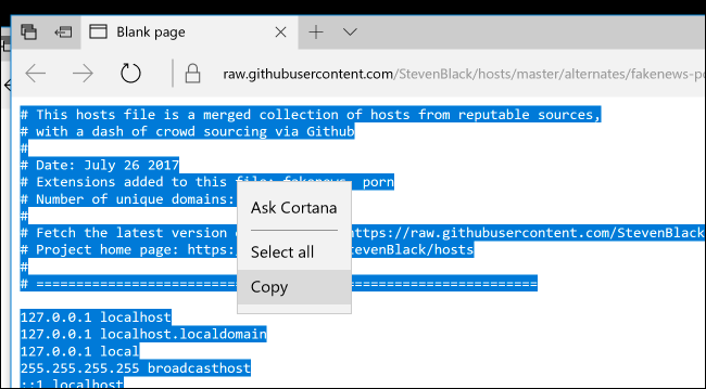 Выделение и копирование содержимого raw hosts-файла