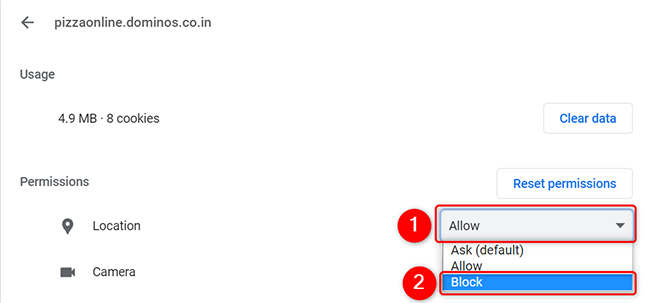 Отключение доступа к местоположению для сайта в Chrome на рабочем столе.