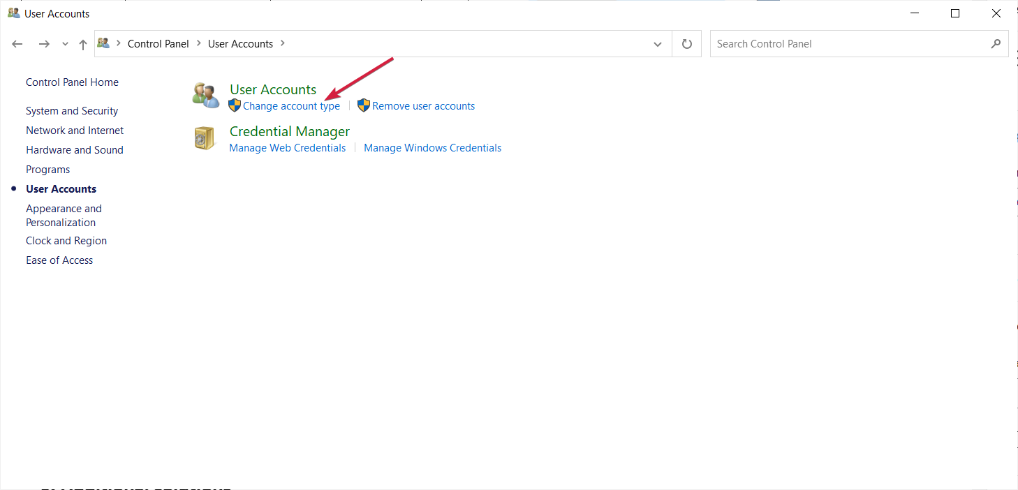 Параметр 'Изменить тип учётной записи' в Панели управления