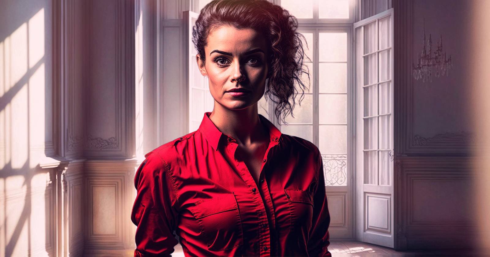 Портрет женщины на фоне французских окон