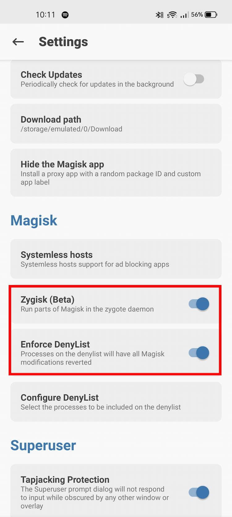 Настройки Magisk: включение Zygisk и Enforce DenyList