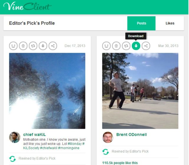 Расширение VineClient: список видео с кнопкой загрузки