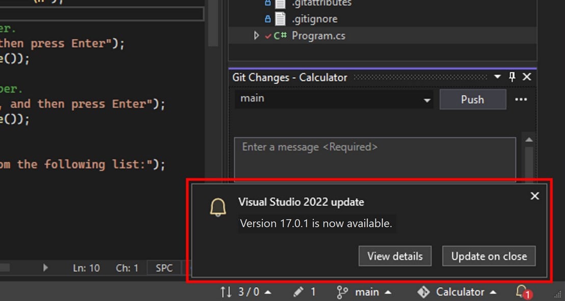 Уведомление об обновлении в Visual Studio в правом нижнем углу