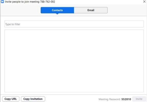 Экран контактов и отправки приглашений в Zoom