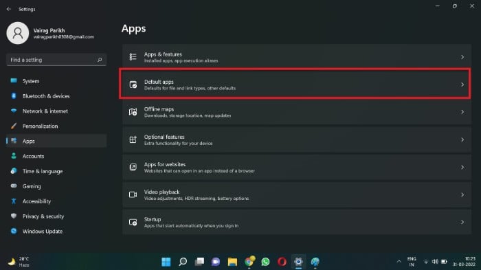 Раздел «Приложения по умолчанию» в Windows 11