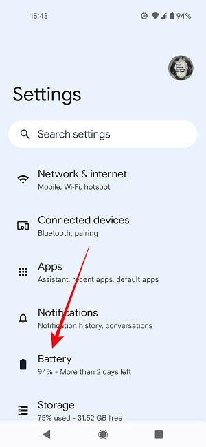 Opción Batería en Ajustes de Android