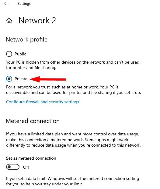 Параметры профиля для Ethernet: переключение на Частную сеть