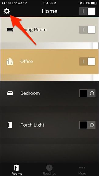 Экран настроек Philips Hue с иконкой шестерёнки