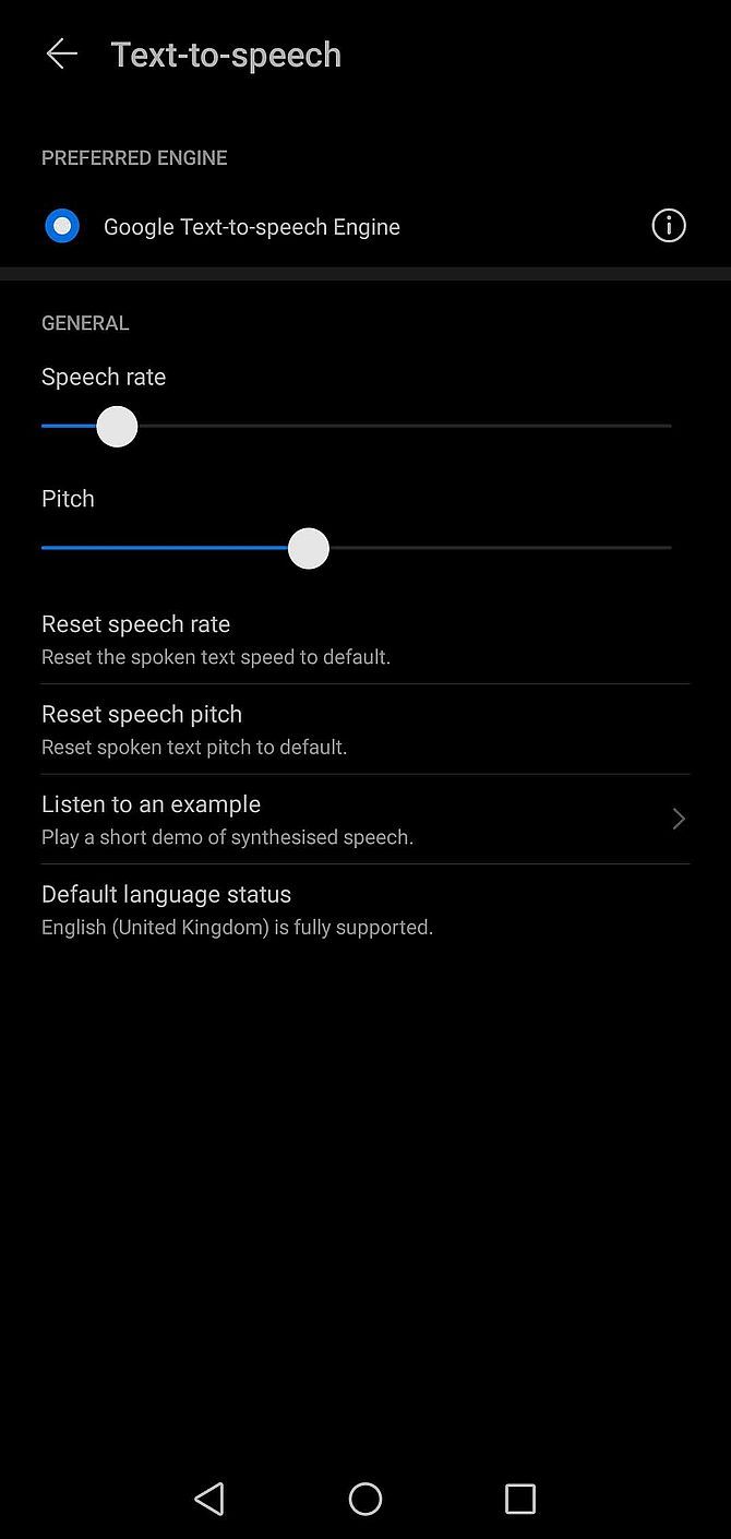 Меню синтеза речи на Android