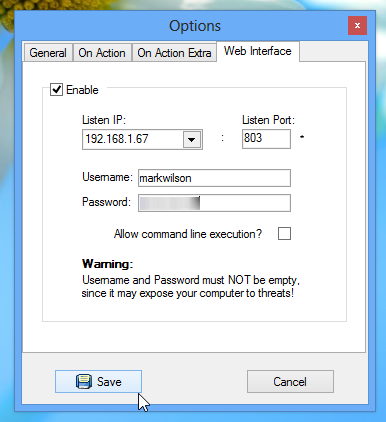 Окно настроек веб-интерфейса с полями для IP, порта и учётных данных
