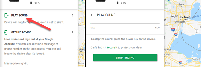 Кнопка для воспроизведения звука на потерянном телефоне