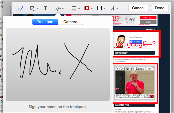 Подпись, добавленная через трекпад или камеру, в окне разметки