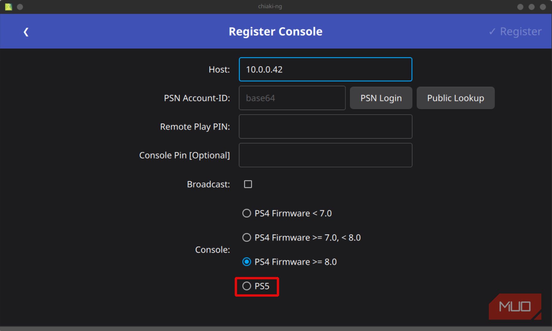Register Console Screen with Host, PSN account, Remote Play PIN and Console Pin input boxes